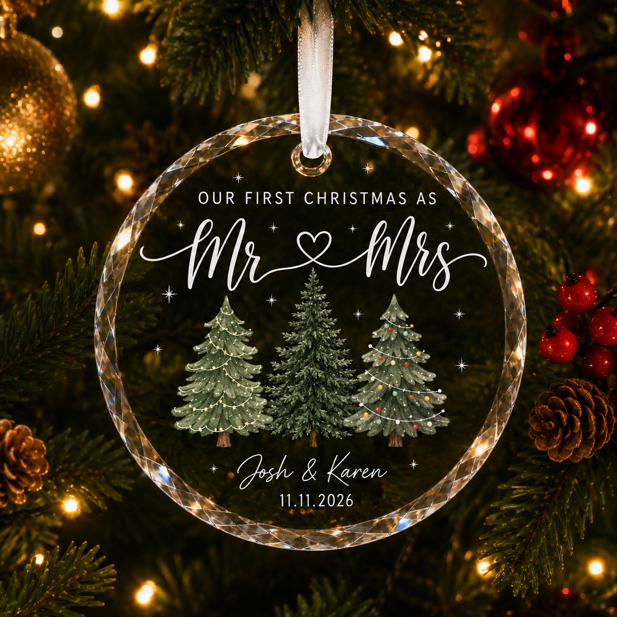 Personalized First Christmas Mr & Mrs Couple Glass Ornament