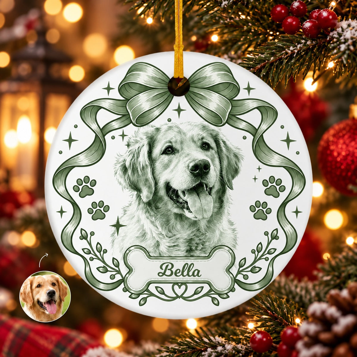 Personalized Dog Portrait Christmas Ornament with Custom Name