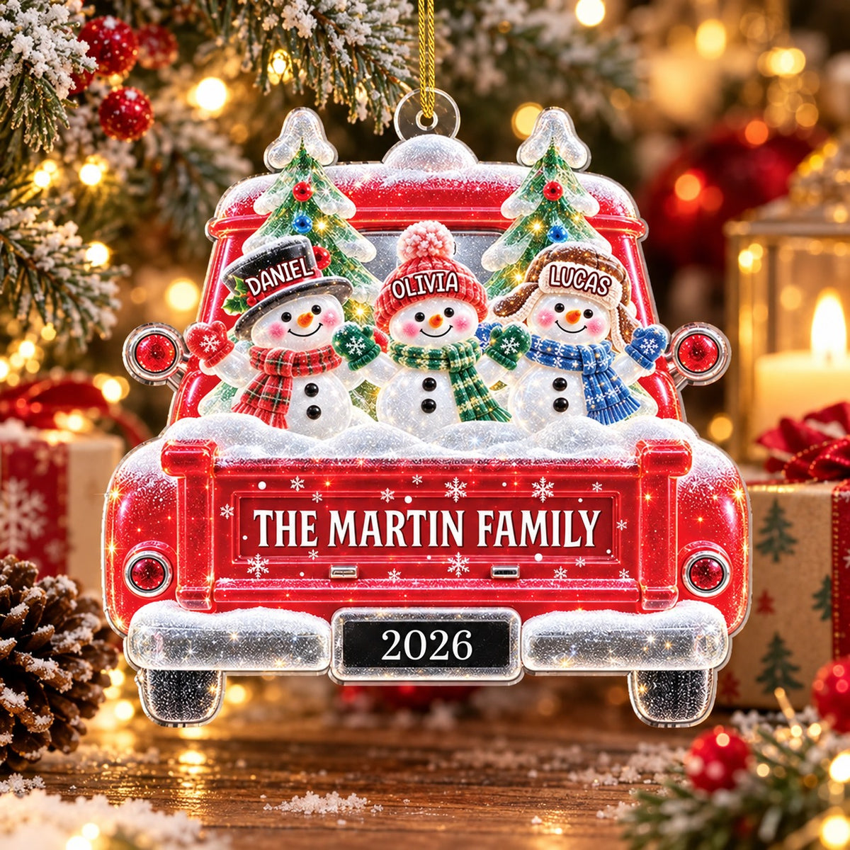 Personalized Snowman Family Truck Christmas Ornament, Christmas Gift