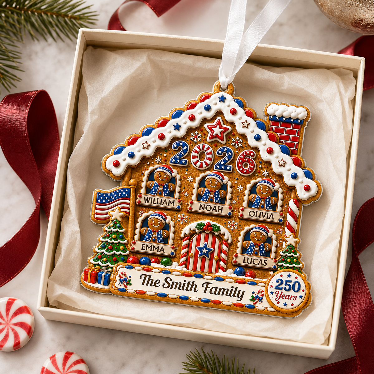 Patriotic gingerbread family ornament shown in a gift box; names and family name are examples