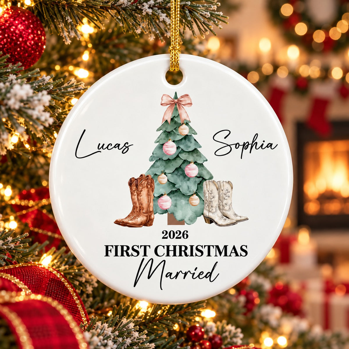 Personalized First Christmas Married Western Couple Ornament