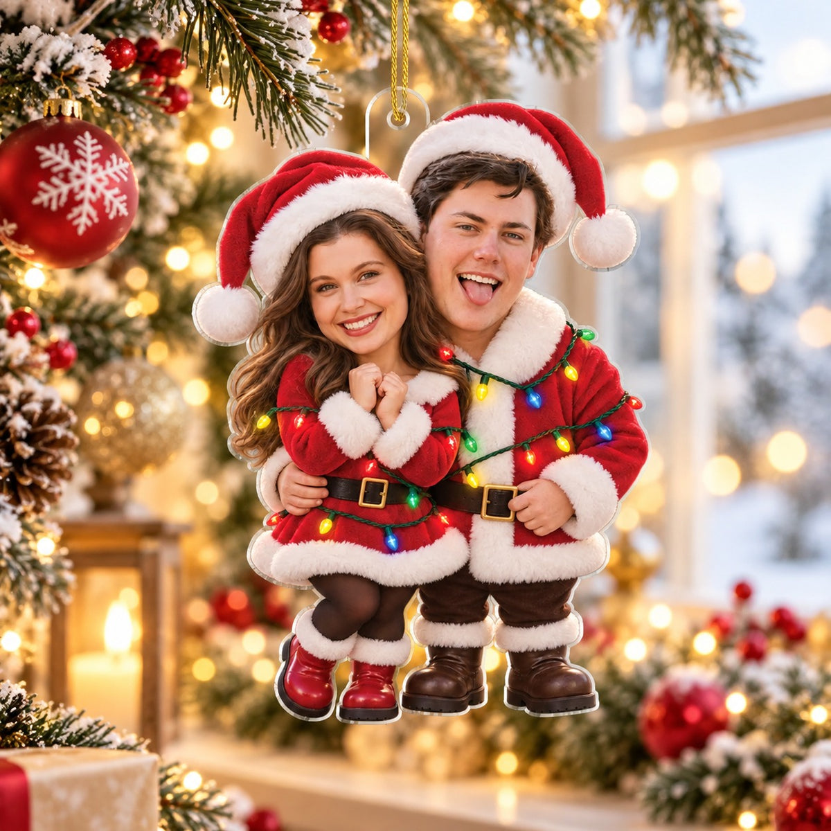 Personalized Couple Photo Christmas Ornament in Santa Outfits