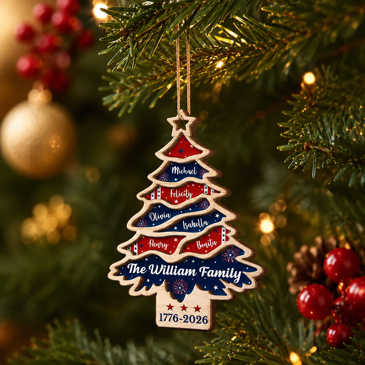Personalized Family Christmas Tree 2 Layer Wood Ornament