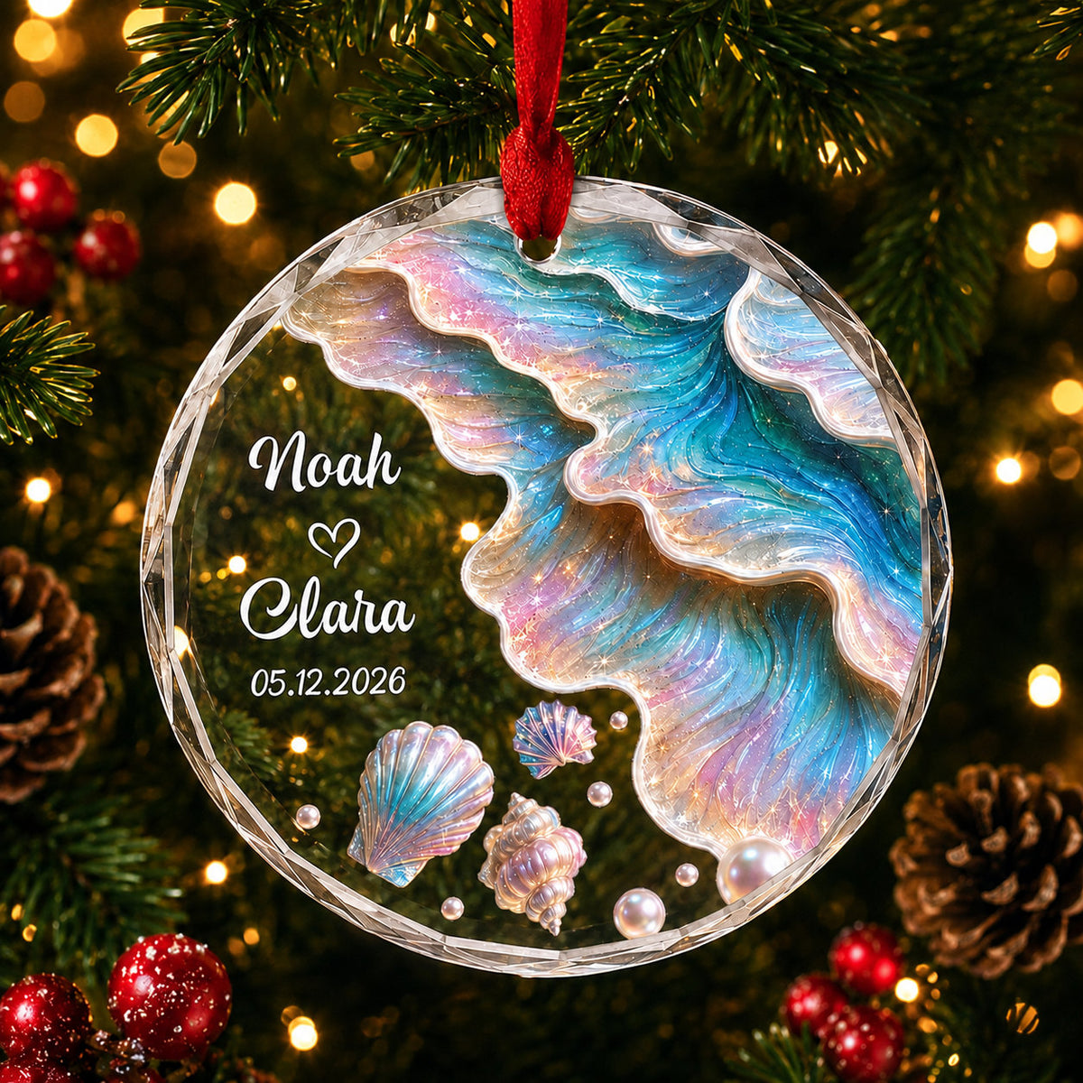 Personalized Couple Ocean Christmas Glass Ornament, Ceramic Ornament design example