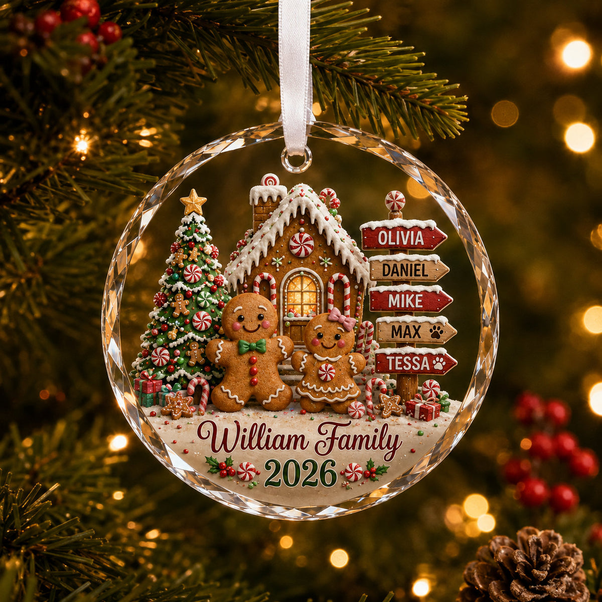 Personalized Gingerbread Family Christmas Glass Ornament