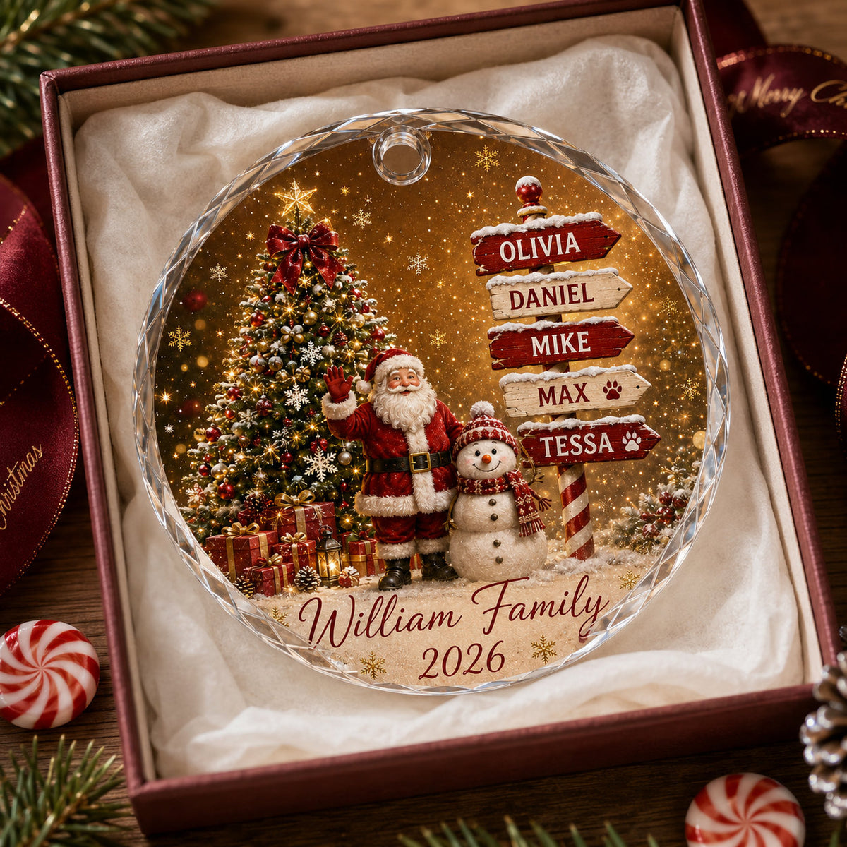 Personalized Santa Family Christmas Glass Ornament
