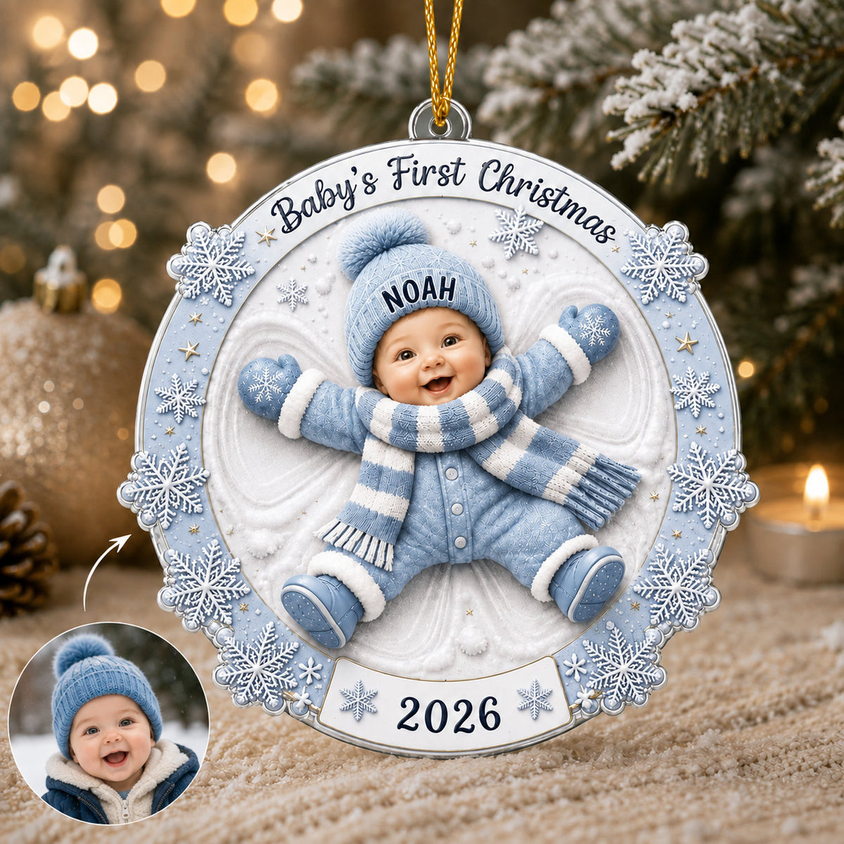 Personalized Baby Snow Angel Christmas 2 Layer Ornament