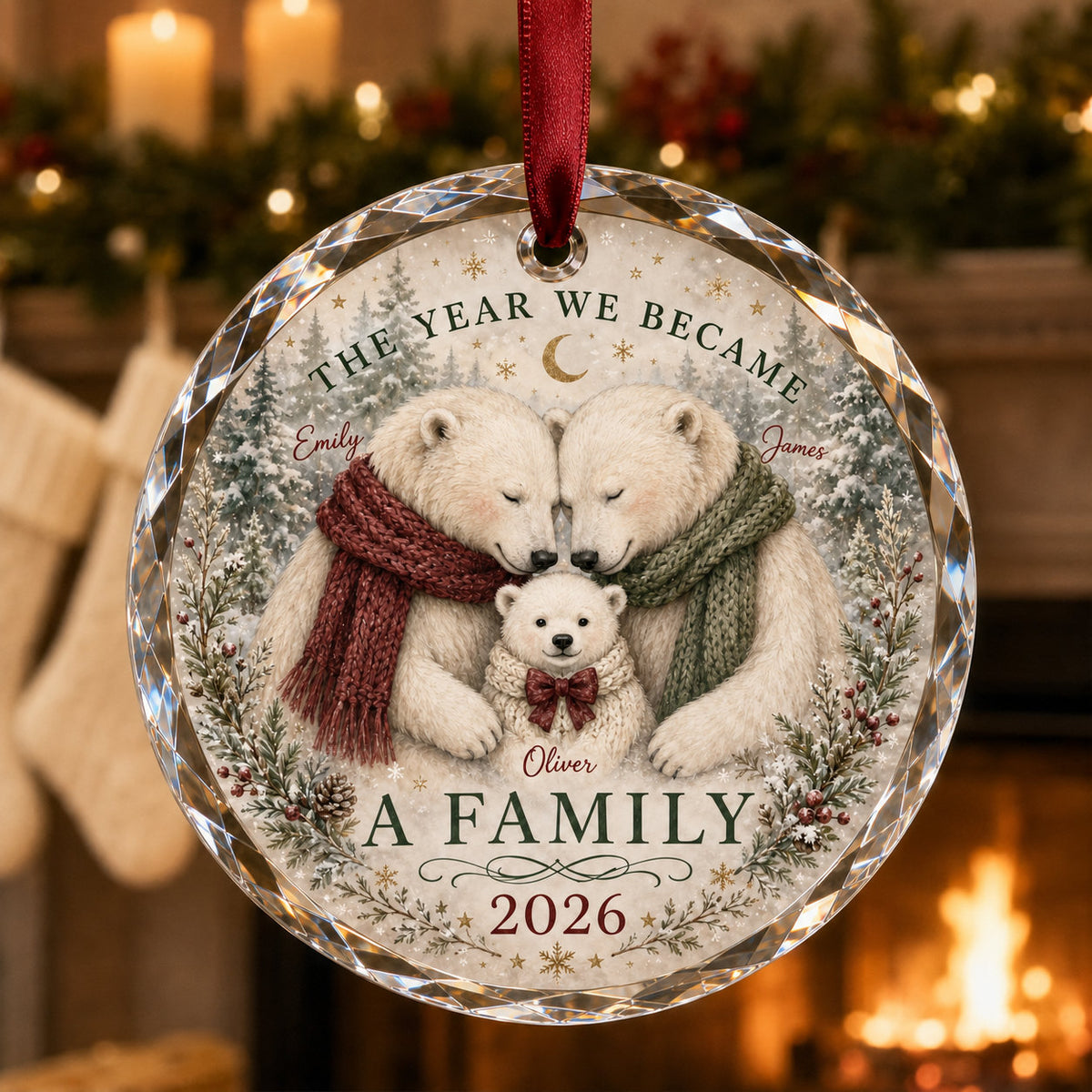 Personalized New Family Polar Bear Glass Ornament