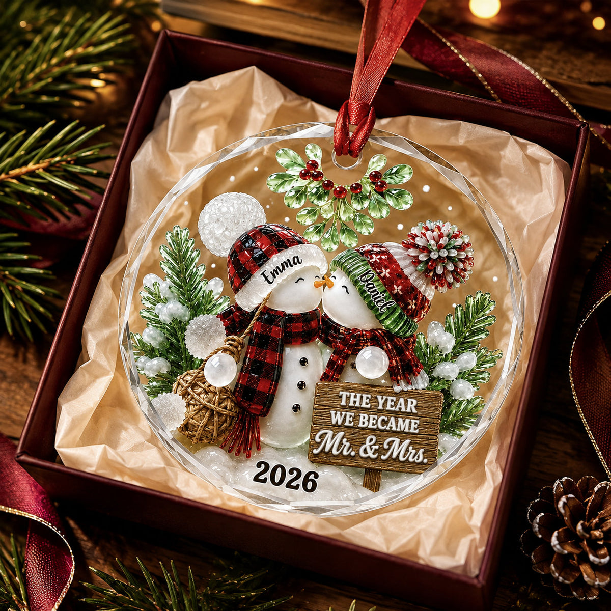 Personalized Newlywed Snowman Christmas Glass Ornament, Ceramic Ornament product image 3 of 5