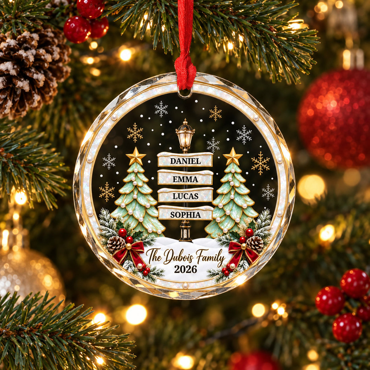 Personalized Family Signpost Christmas Glass Ornament