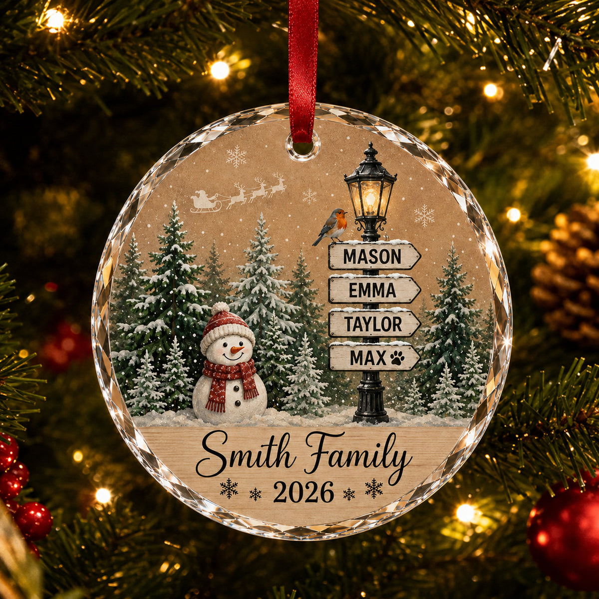 Personalized Snowman Family Christmas Glass Ornament