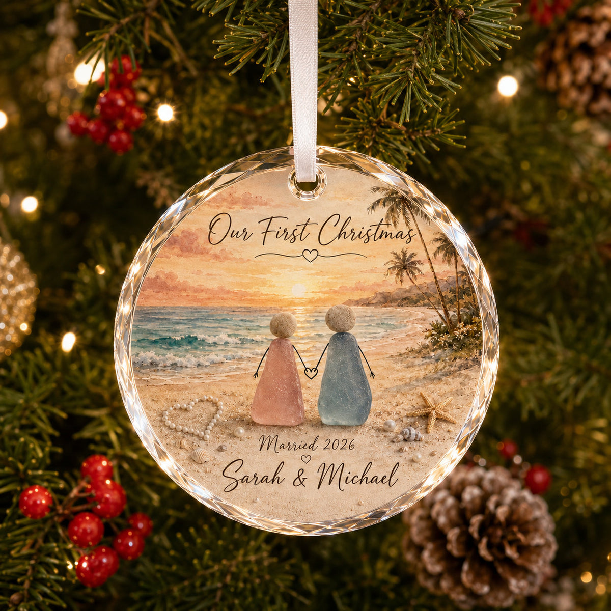 Personalized Beach Couple Christmas Glass Ornament