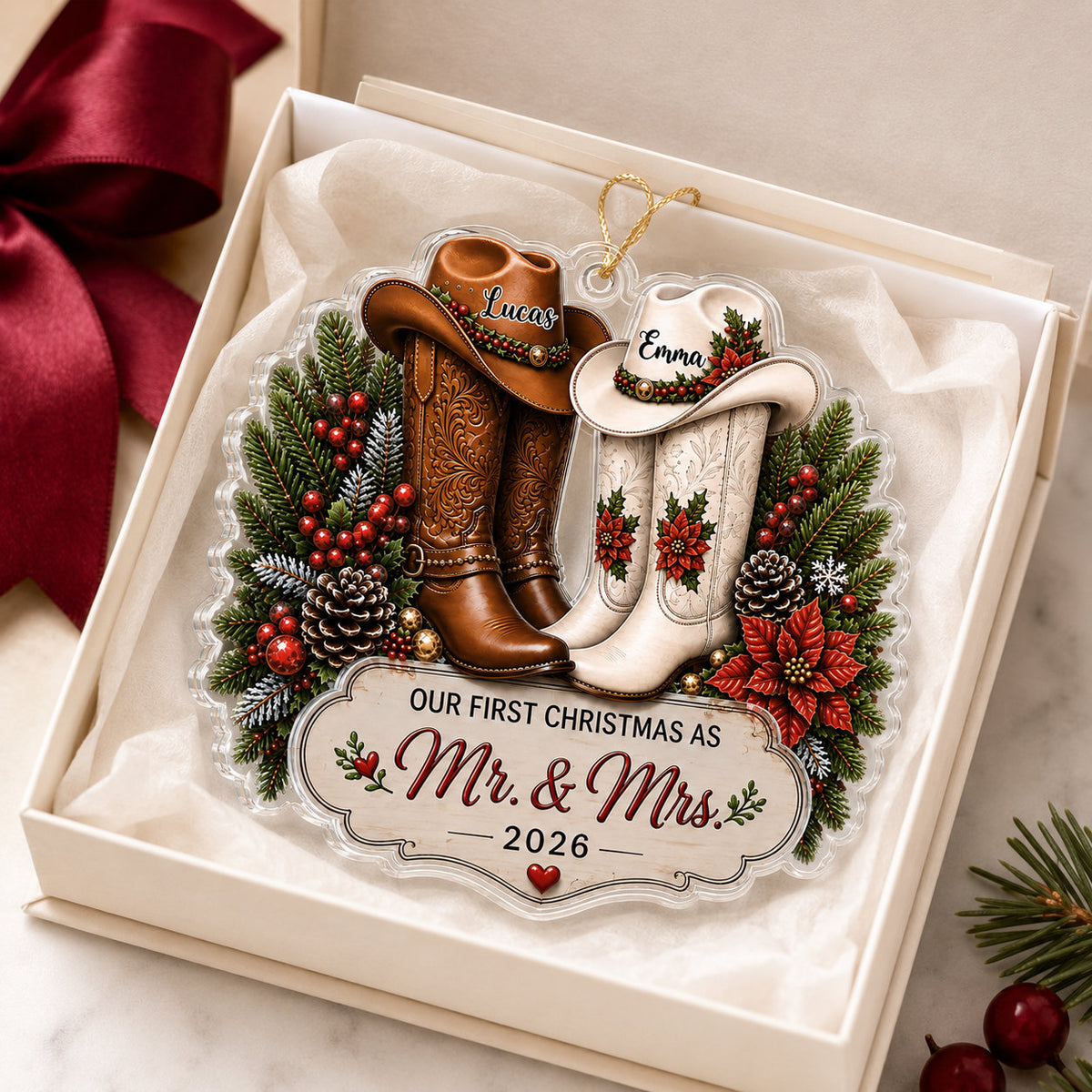 Personalized Newlywed Cowboy Christmas Ornament product image 2 of 5