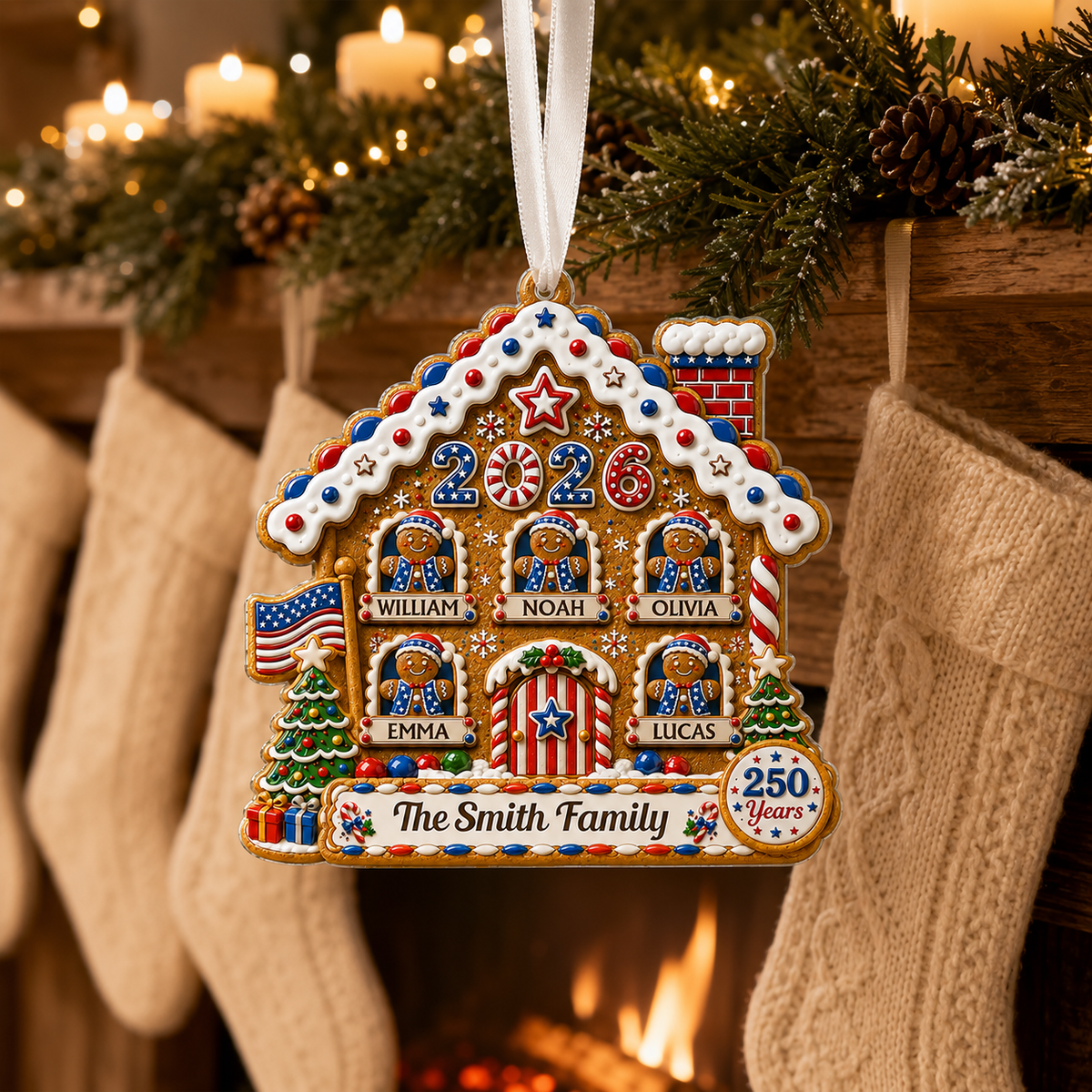 2026 gingerbread family ornament hanging by a fireplace with five example names