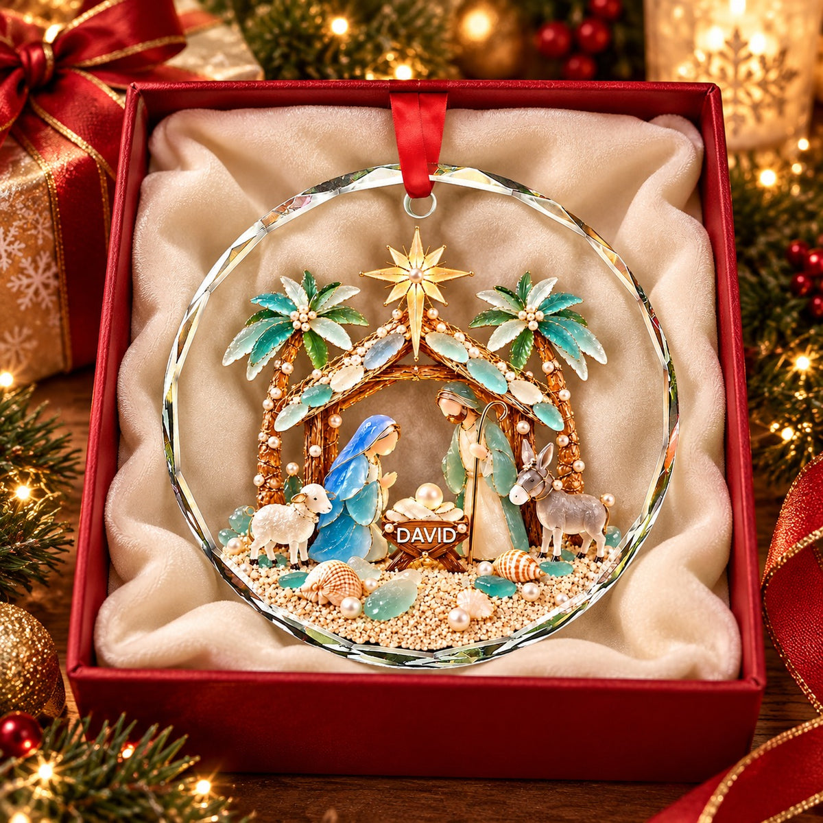 Personalized Beach Nativity Scene Christmas Glass Ornament, Jesus Ornament