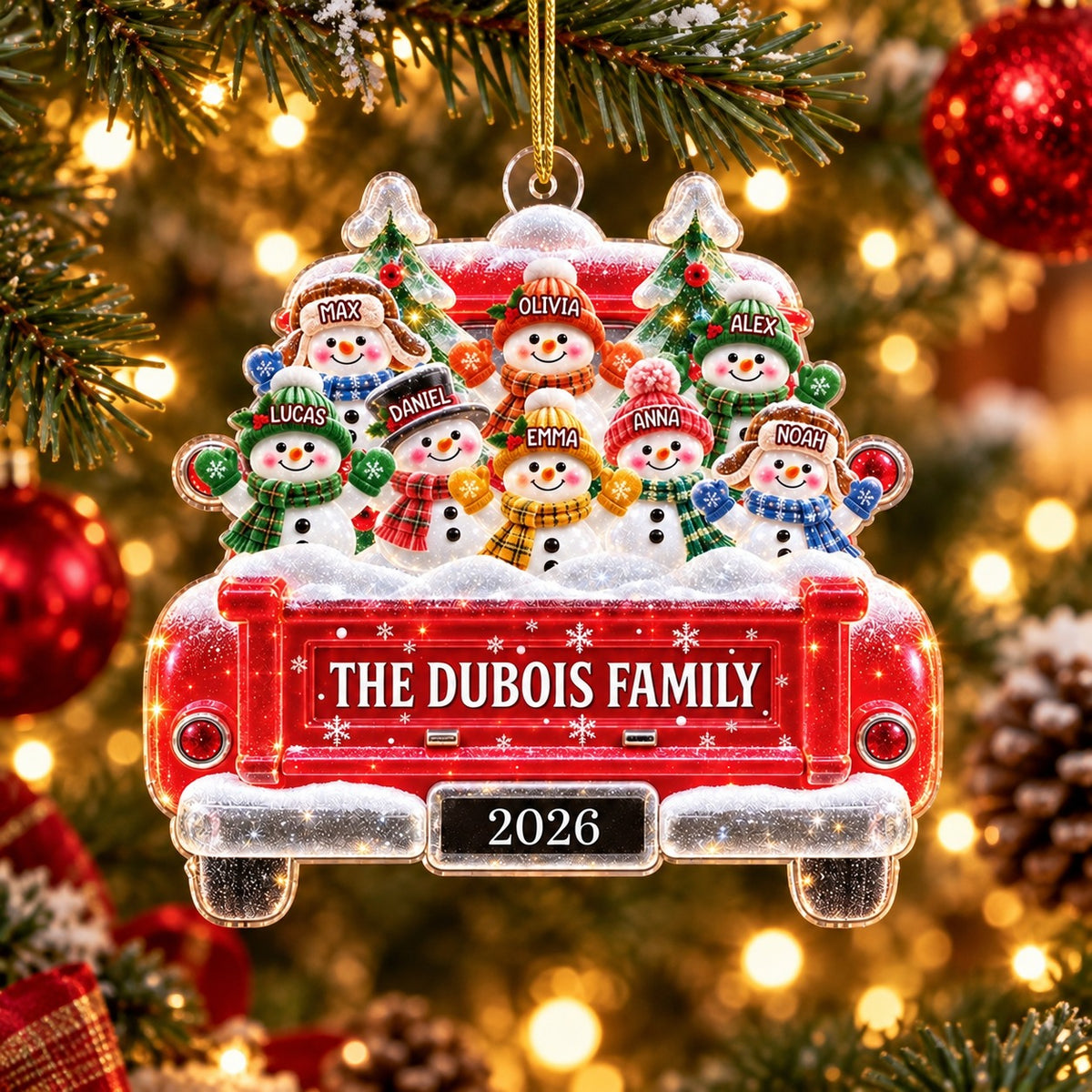 Personalized Snowman Family Truck Christmas Ornament, Christmas Gift