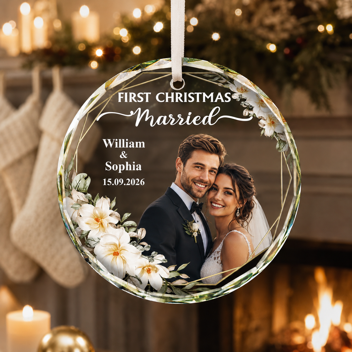 Personalized First Christmas Married Photo Glass Ornament, Ceramic Ornament