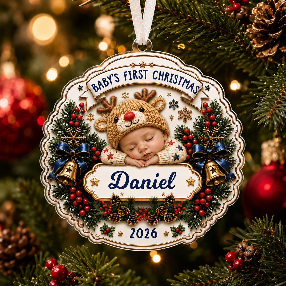 Personalized Baby Reindeer Christmas 2 Layer Ornament