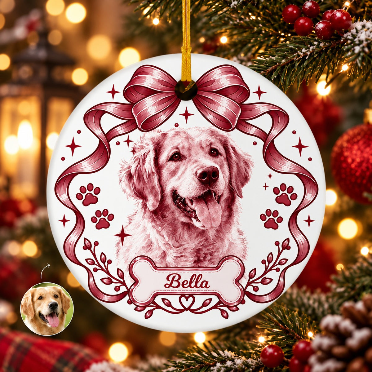 Personalized Dog Portrait Christmas Ornament with Custom Name