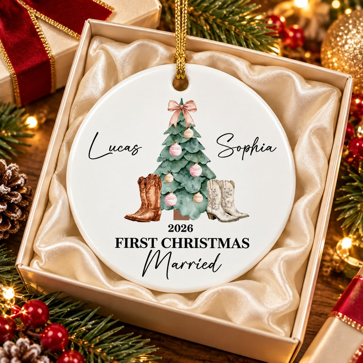 Personalized First Christmas Married Western Couple Ornament