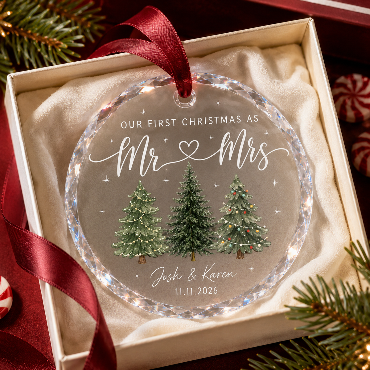 Personalized First Christmas Mr & Mrs Couple Glass Ornament