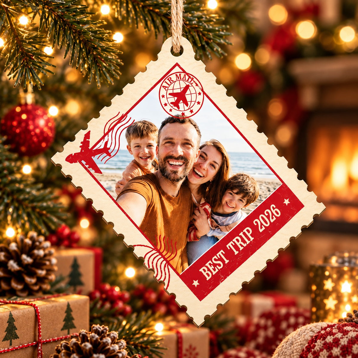 Personalized Travel Photo Christmas Ornament Wooden Postcard Keepsake