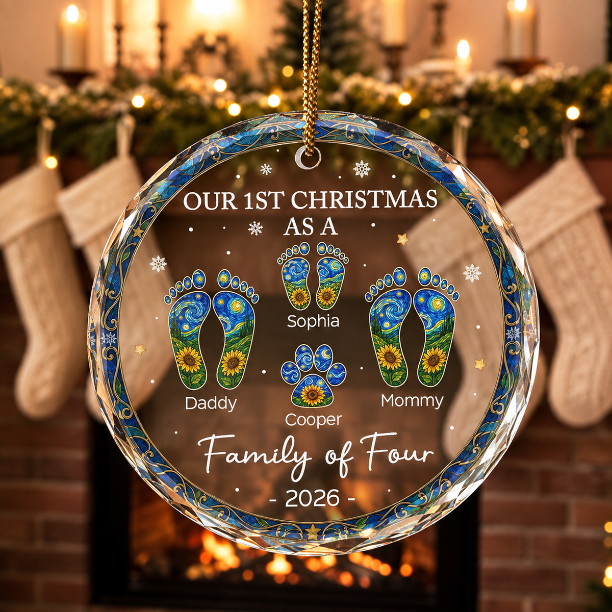 Personalized Family of Four Footprint Glass Ornament