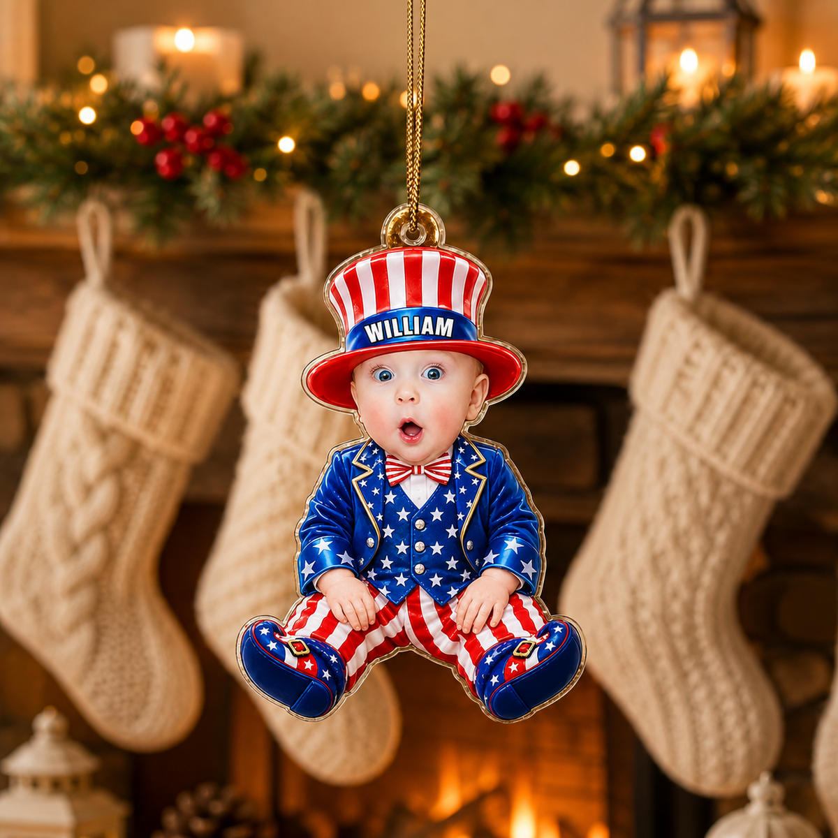 Baby photo ornament shown with patriotic design and example name