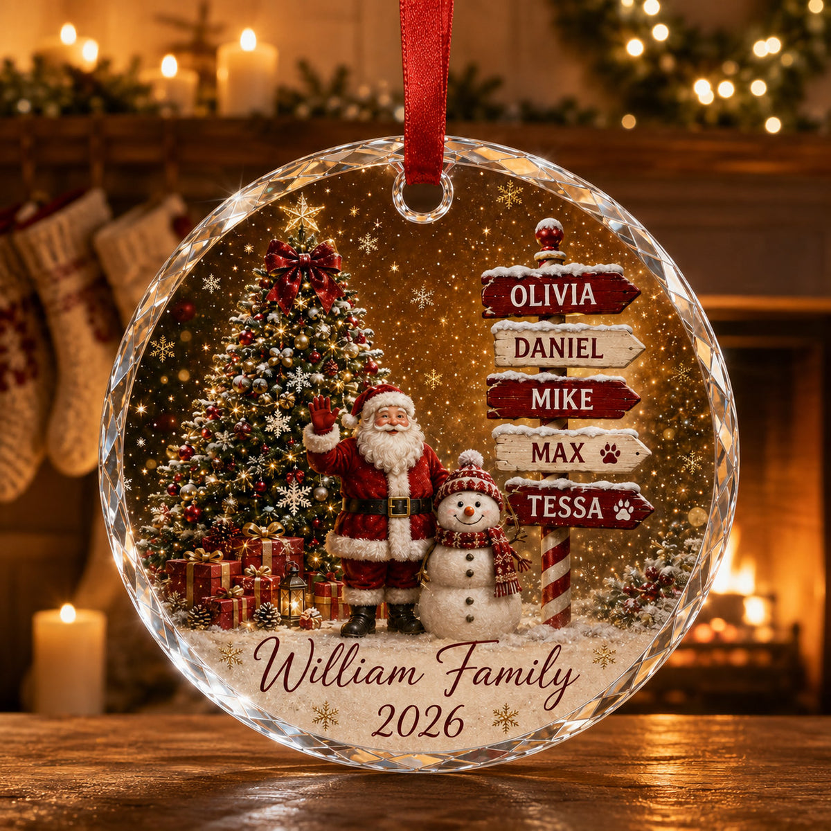 Personalized Santa Family Christmas Glass Ornament