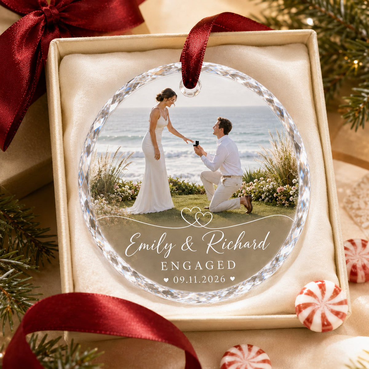 Personalized Engagement Photo Christmas Glass Ornament