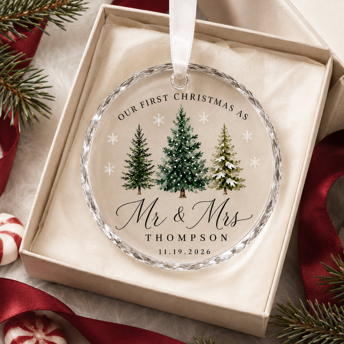 Personalized First Christmas Married Glass Ornament