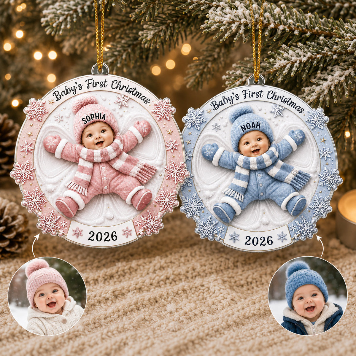Personalized Baby Snow Angel Christmas 2 Layer Ornament
