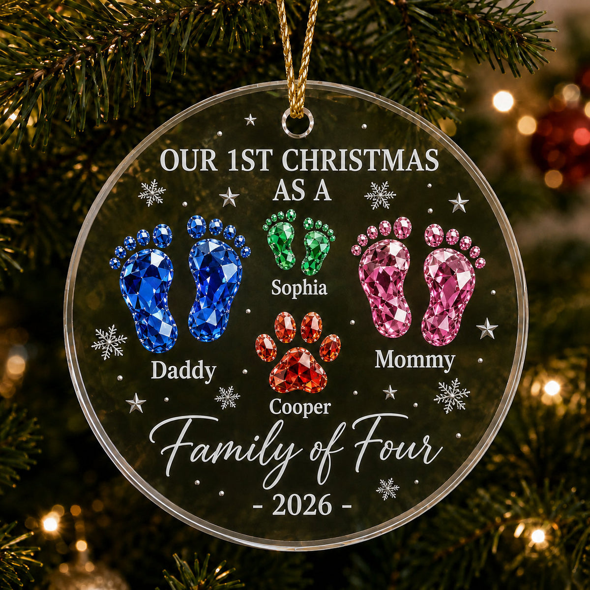 Personalized Family of Four Christmas Glass Ornament