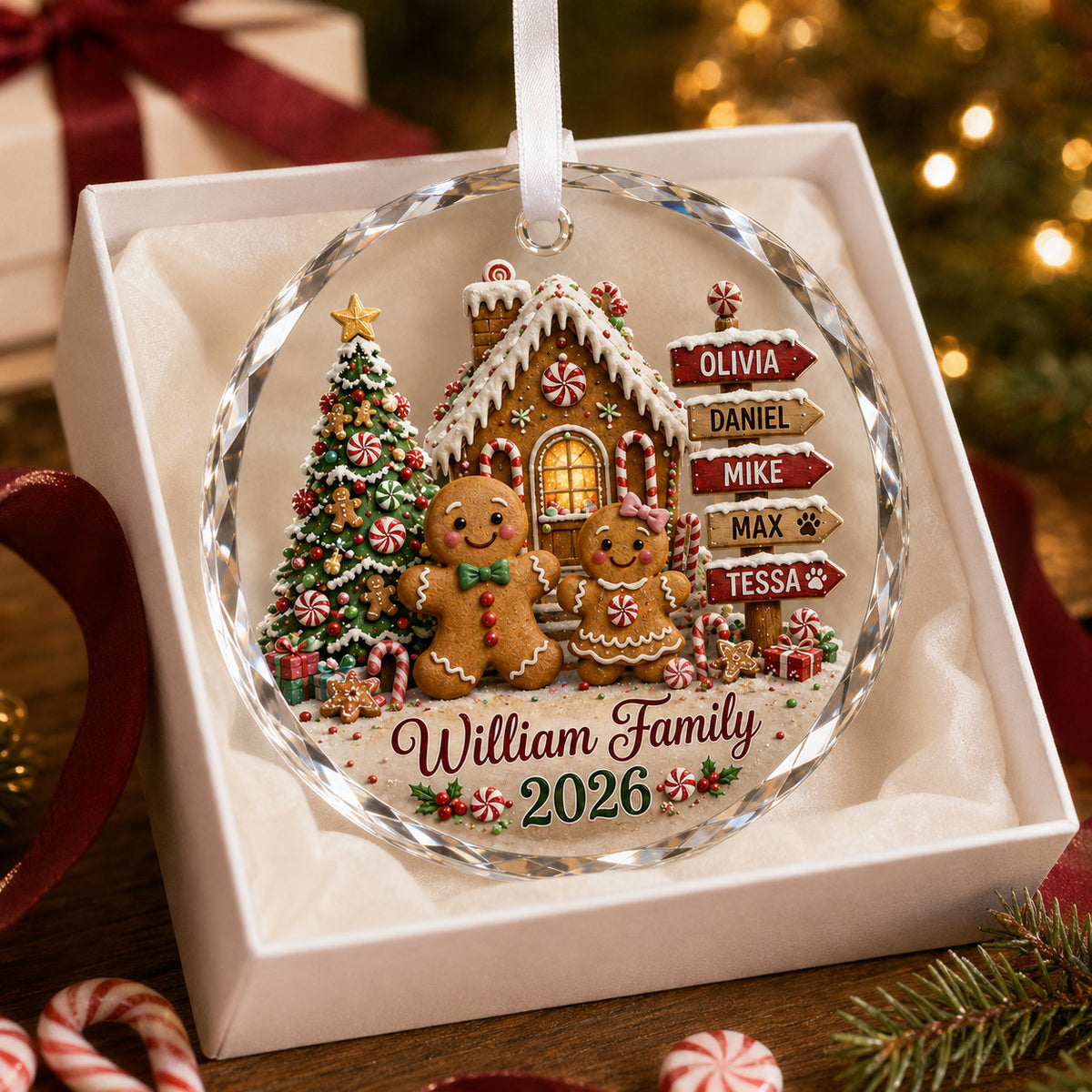 Personalized Gingerbread Family Christmas Glass Ornament