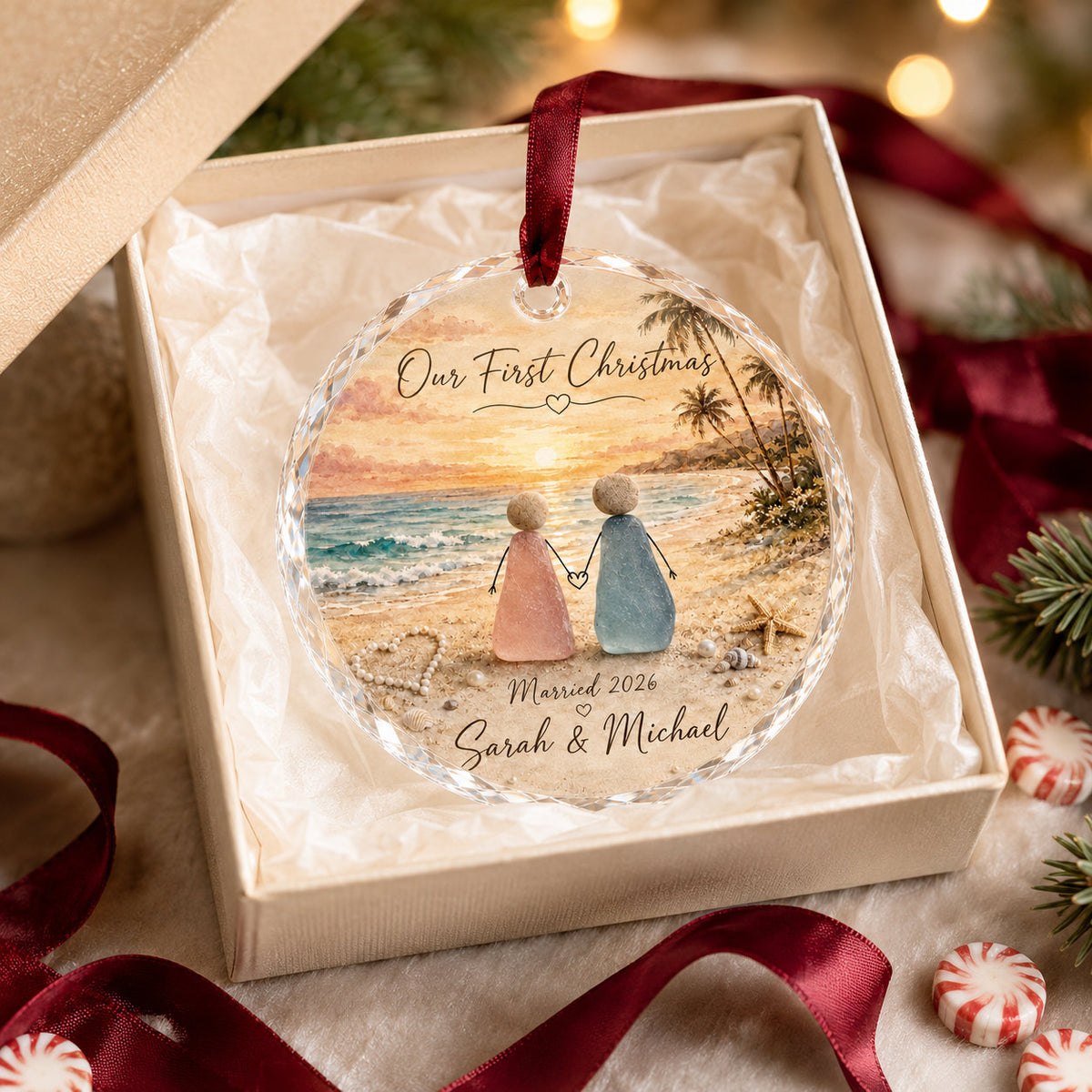 Personalized Beach Couple Christmas Glass Ornament
