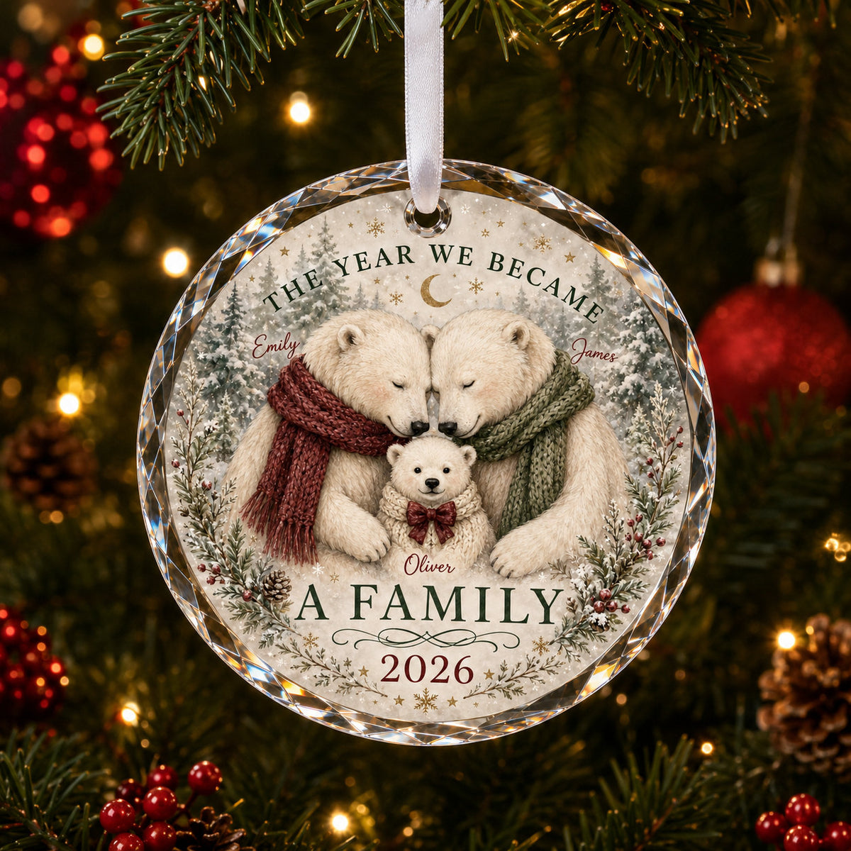 Personalized New Family Polar Bear Glass Ornament