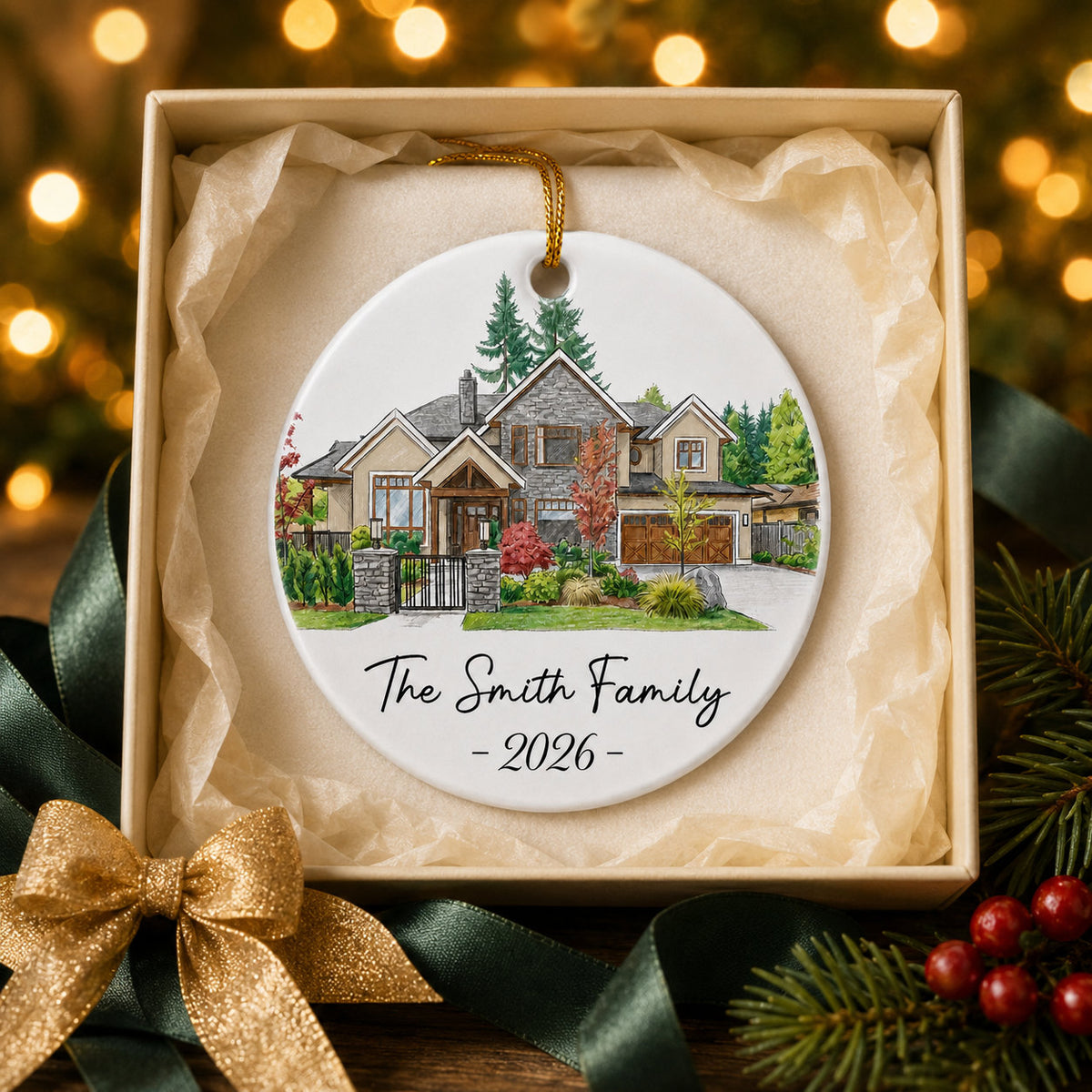 Personalized House Portrait Christmas Ornament