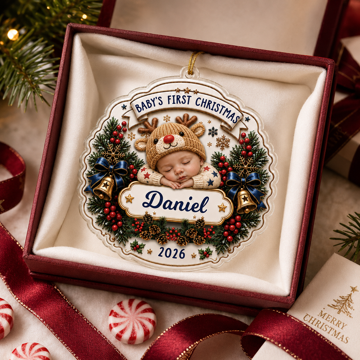 Personalized Baby Reindeer Christmas 2 Layer Ornament