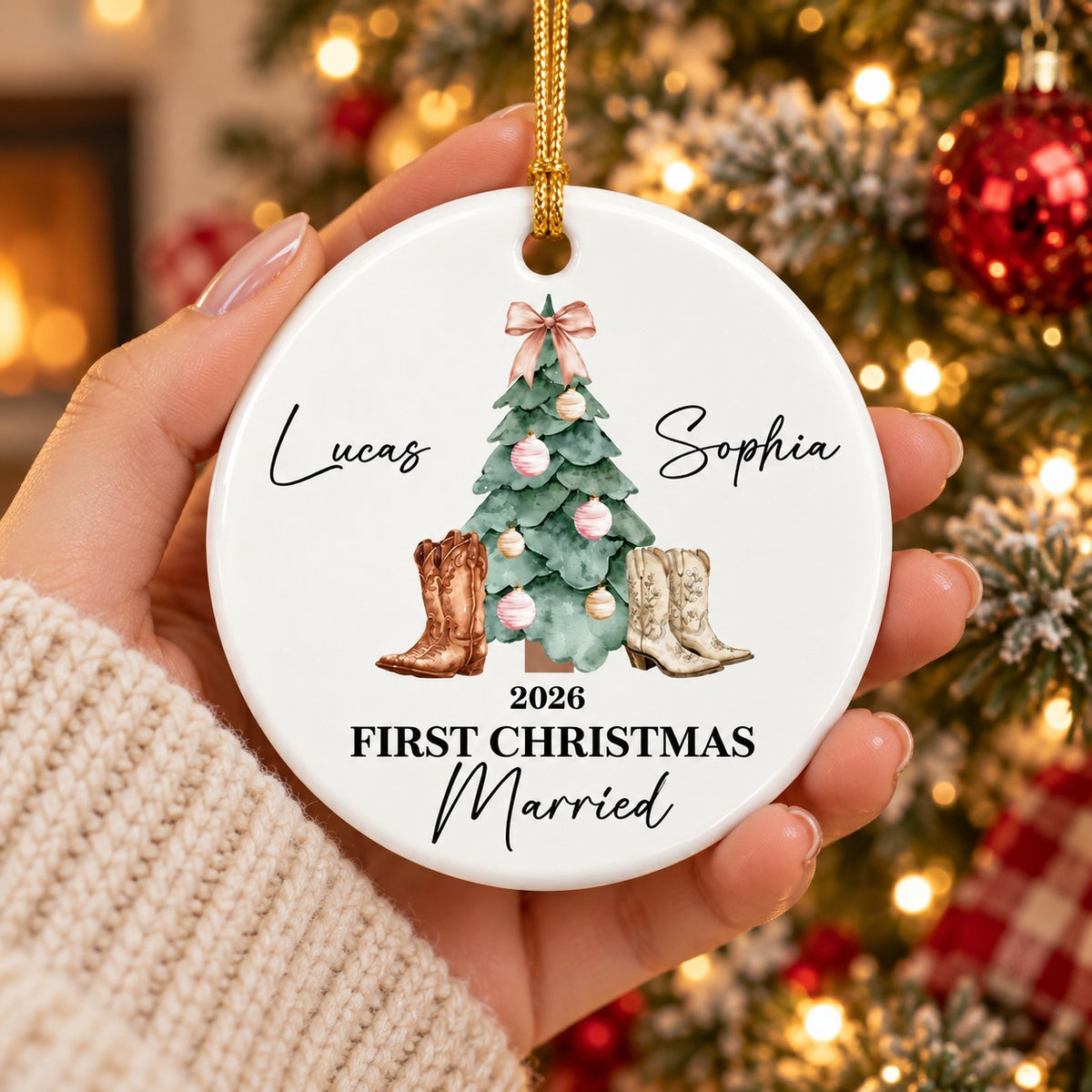Personalized First Christmas Married Western Couple Ornament