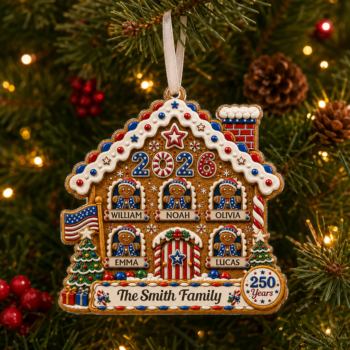 Patriotic gingerbread family ornament hanging on a Christmas tree