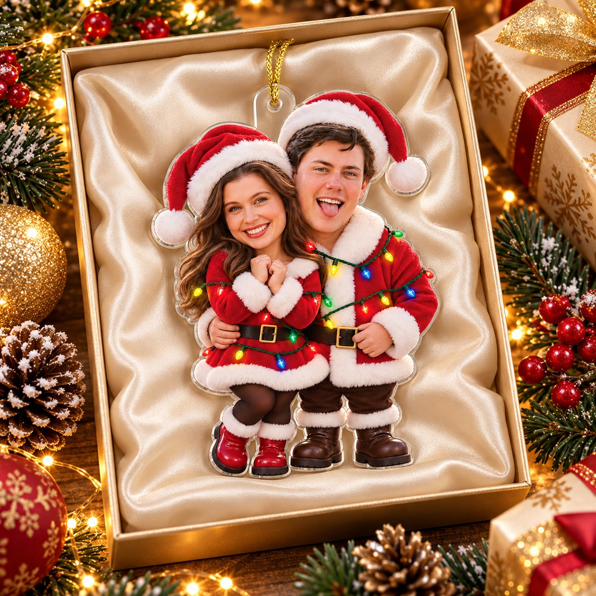 Personalized Couple Photo Christmas Ornament in Santa Outfits