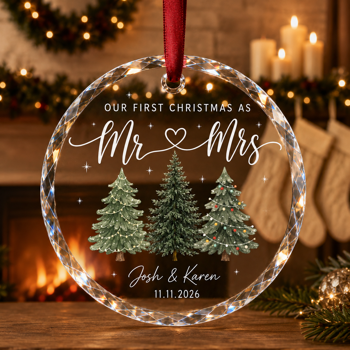 Personalized First Christmas Mr & Mrs Couple Glass Ornament