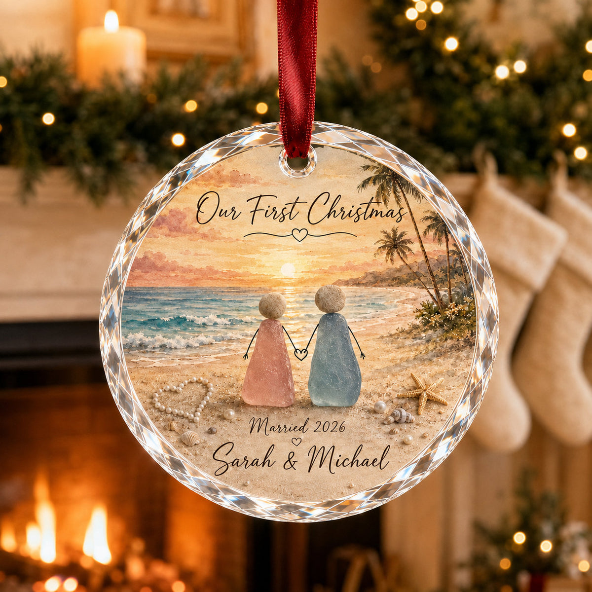 Personalized Beach Couple Christmas Glass Ornament