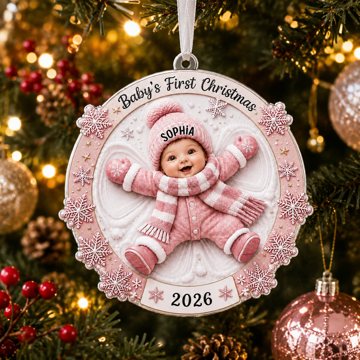 Personalized Baby Snow Angel Christmas 2 Layer Ornament
