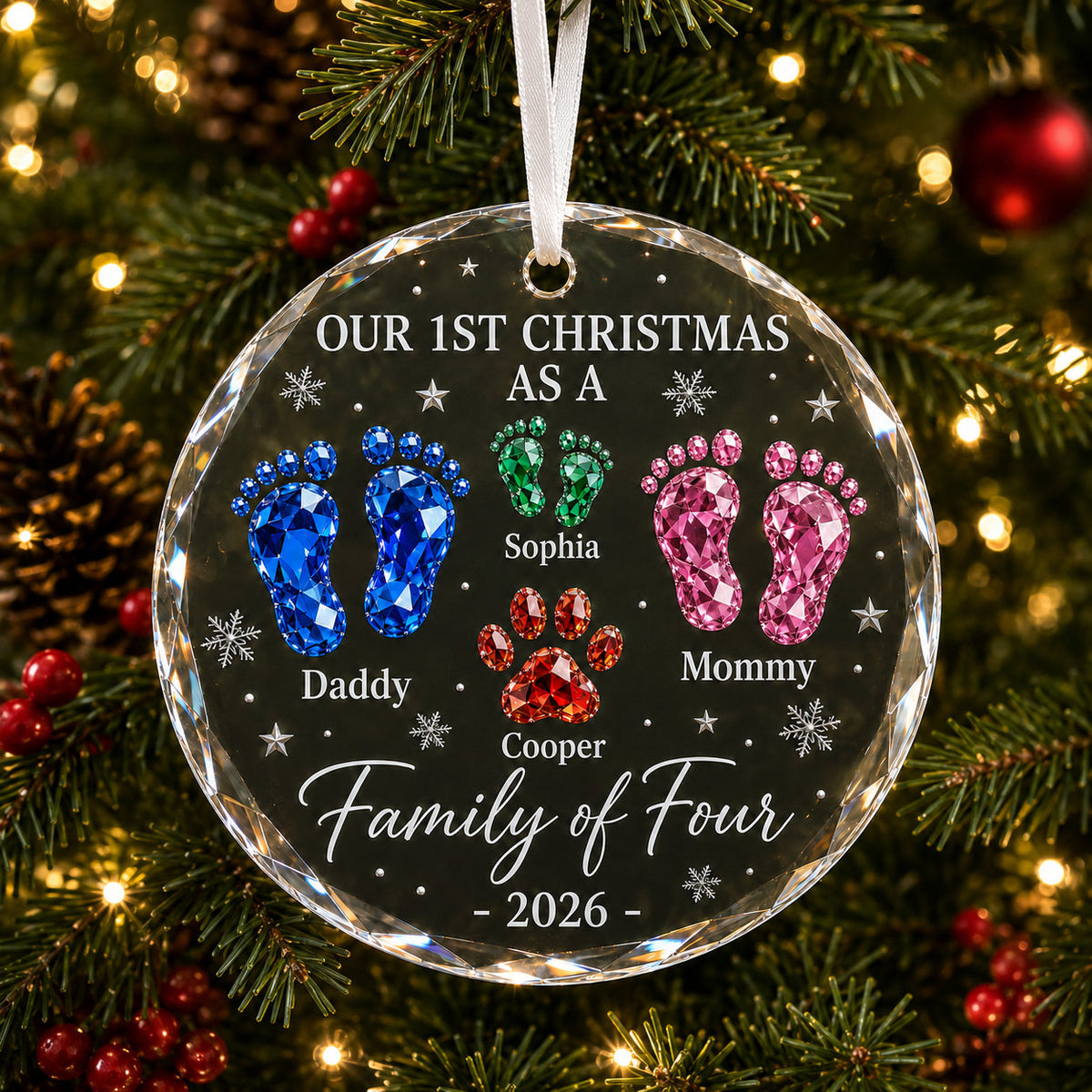 Personalized Family of Four Christmas Glass Ornament