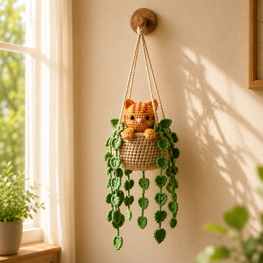 Sunny Little Trouble - Handmade Crochet Orange Tabby Cat Basket