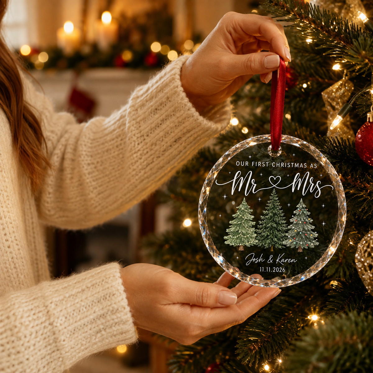Personalized First Christmas Mr & Mrs Couple Glass Ornament