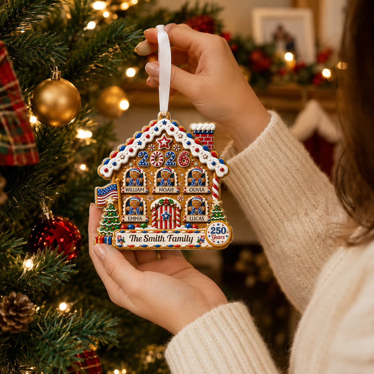 Hand holding the 2026 gingerbread family ornament by its hanging ribbon