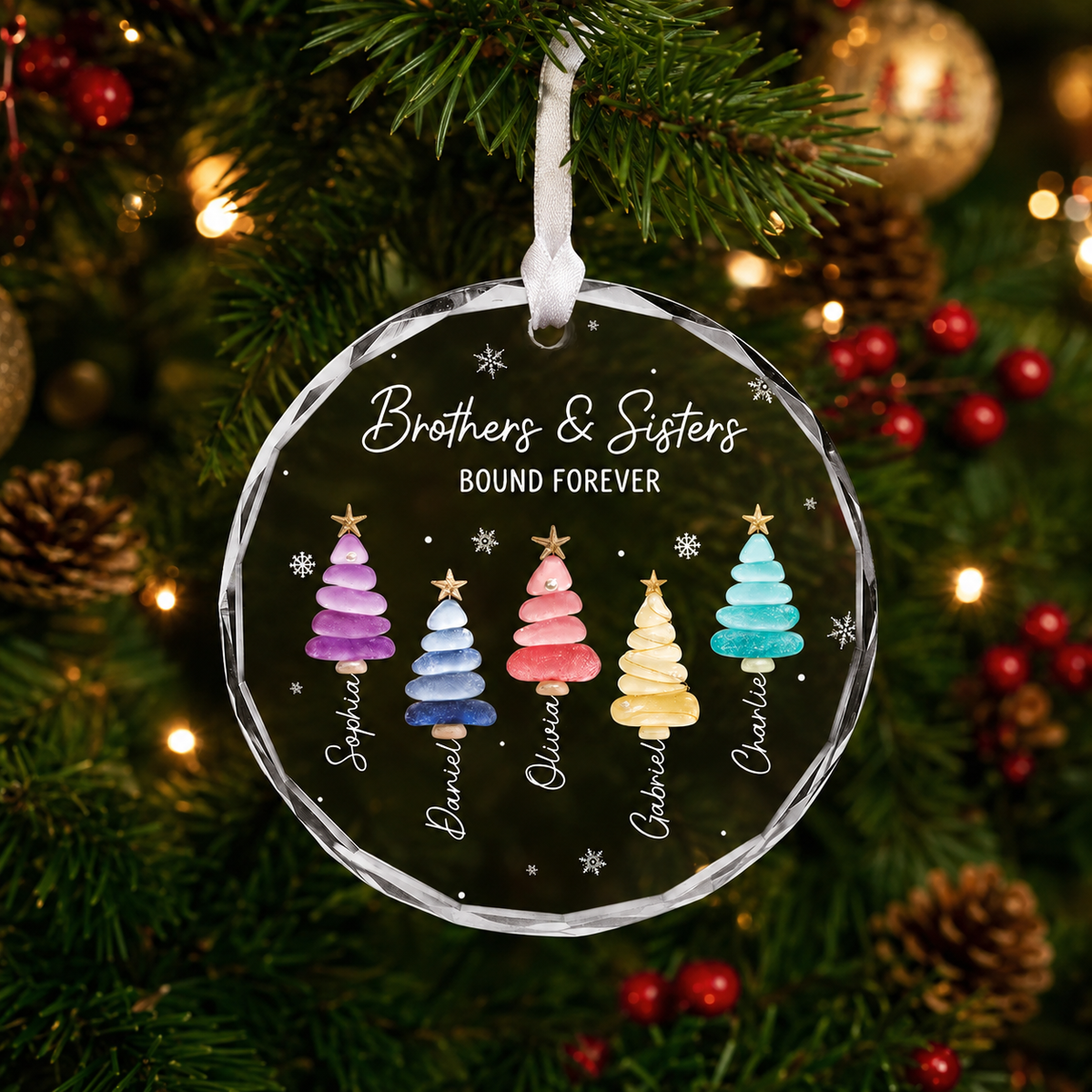 Personalized Sibling Christmas Tree Glass Ornament