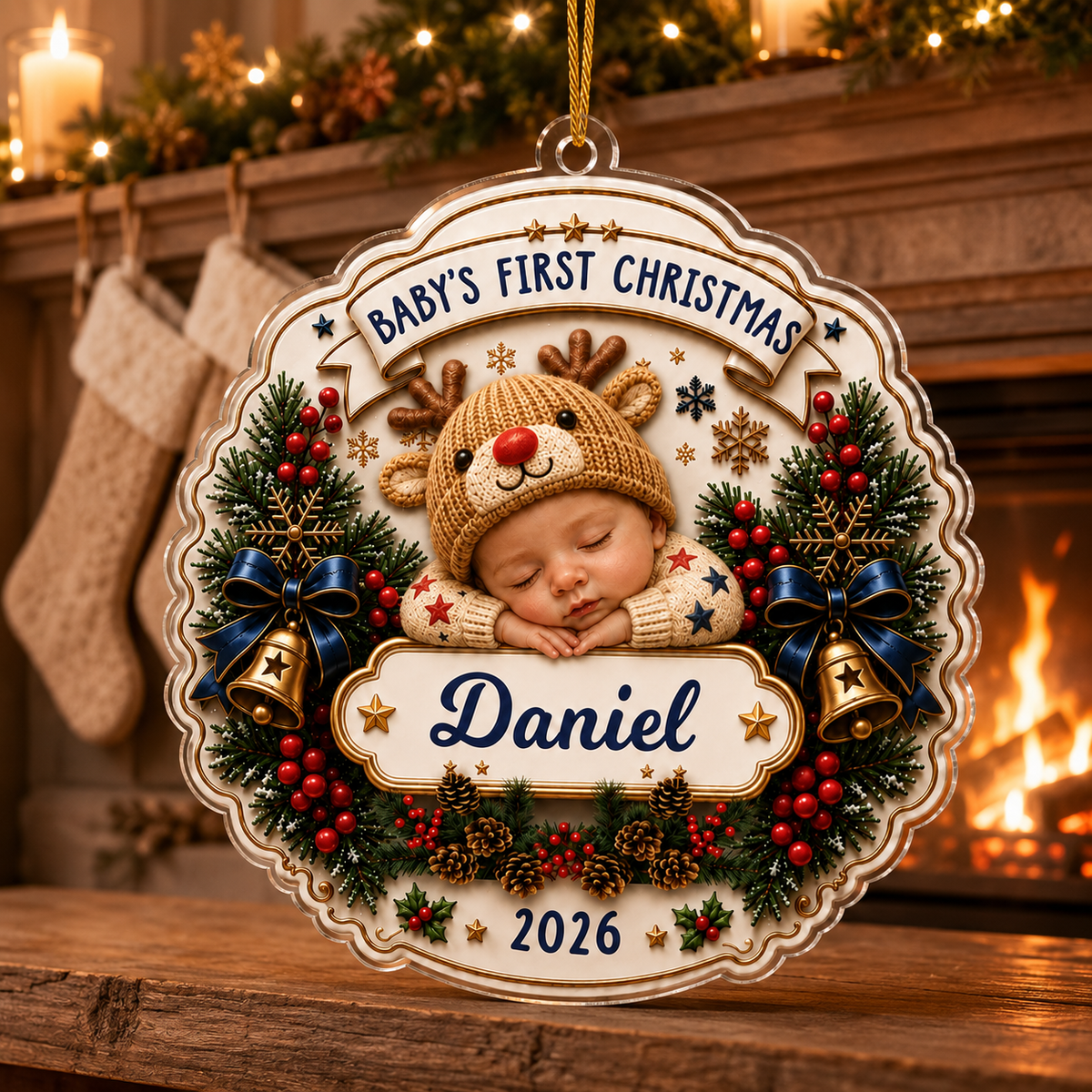 Personalized Baby Reindeer Christmas 2 Layer Ornament
